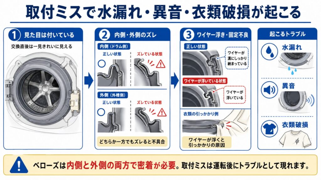 取付ミスで水漏れ・異音・衣類破損が起こる