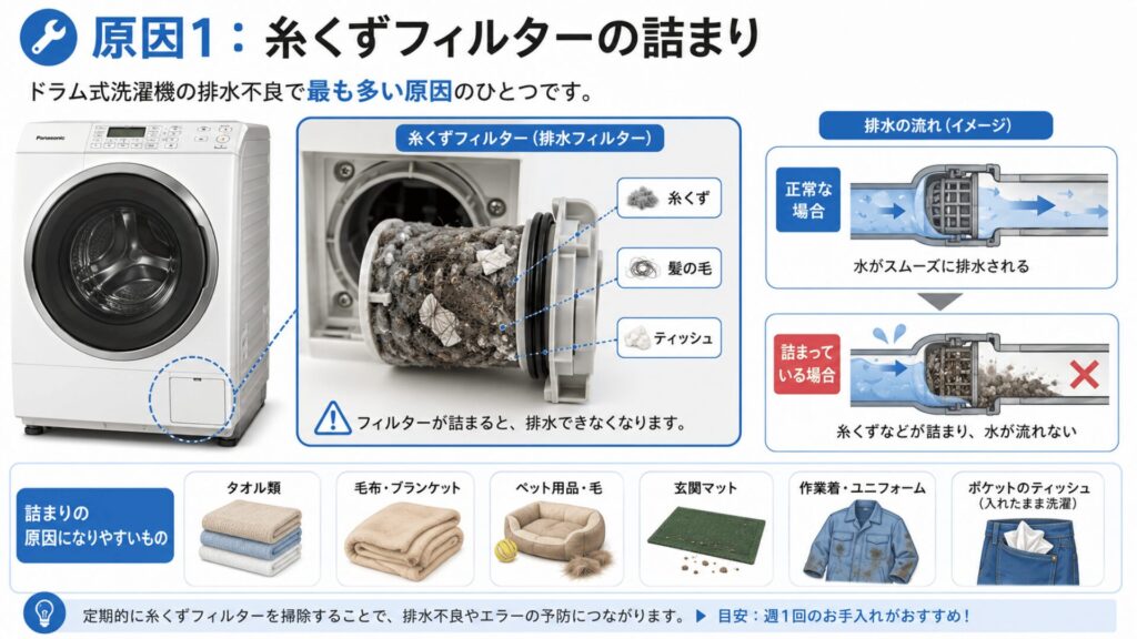 原因1：糸くずフィルターの詰まり