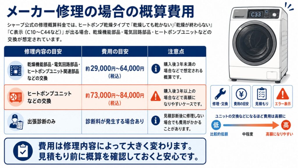 メーカー修理の場合の概算費用