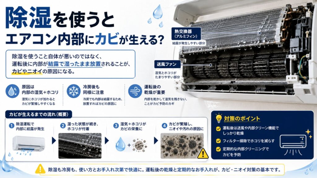 除湿を使うとエアコン内部にカビが生える?
