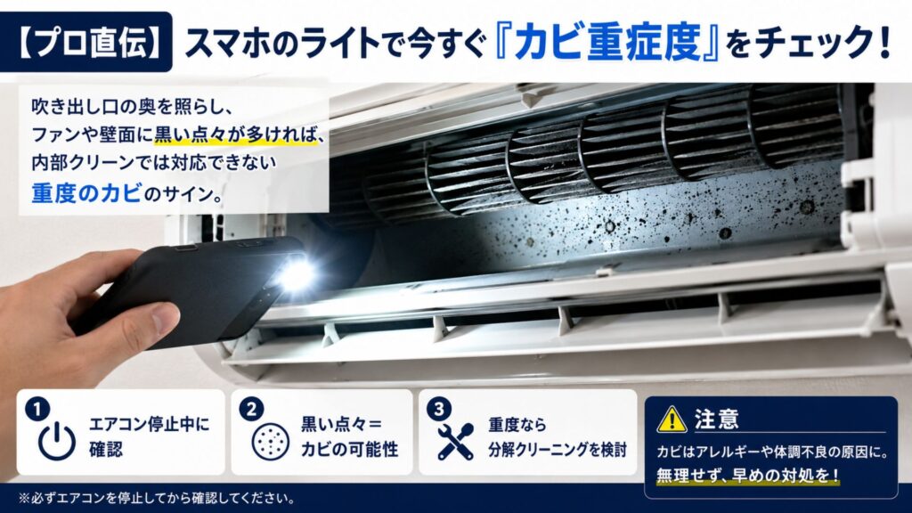除湿を使うとエアコン内部にカビが生える? 【プロ直伝】スマホのライトで今すぐ「カビ重症度」をチェック!