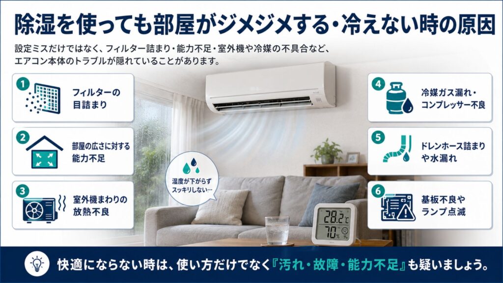 エアコンの除湿を使っても部屋がジメジメする・冷えない時の原因
