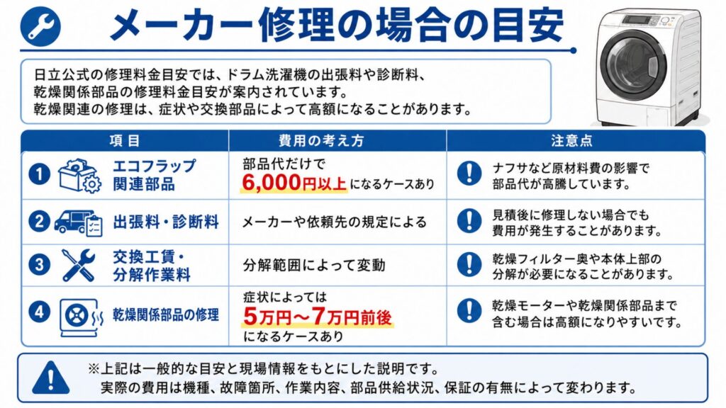 メーカー修理の場合の目安イメージ