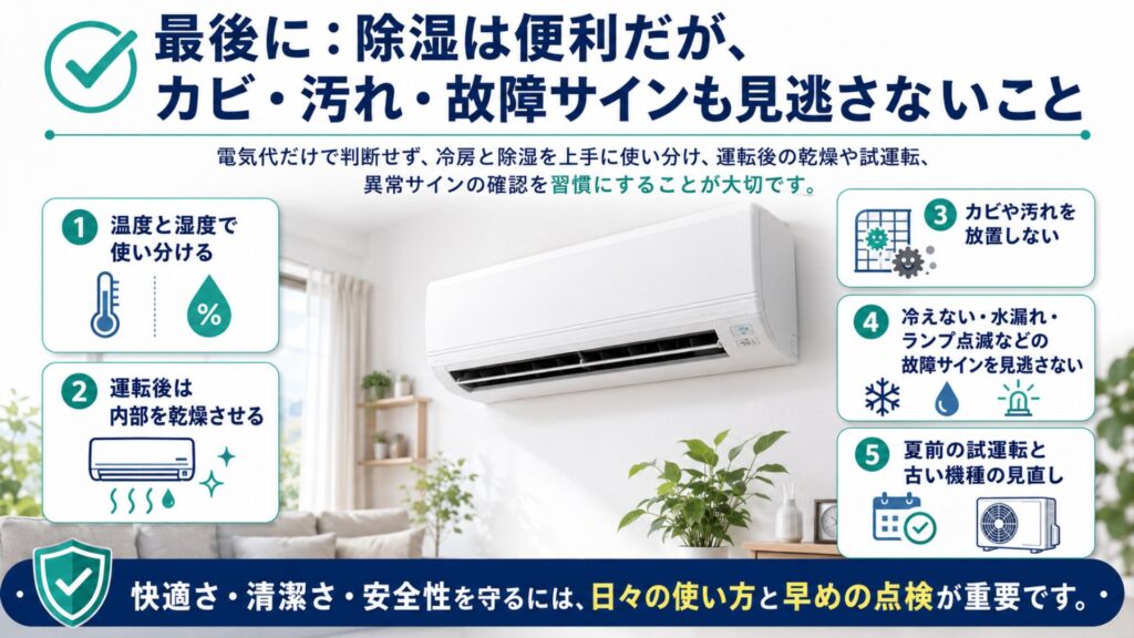 エアコンの除湿と冷房 最後に:除湿は便利だが、カビ・汚れ・故障サインも見逃さないこと