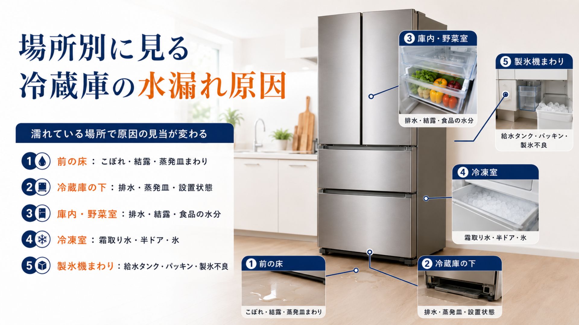 冷蔵庫の水漏れ原因を床・庫内・冷凍室・製氷機まわりで確認する図