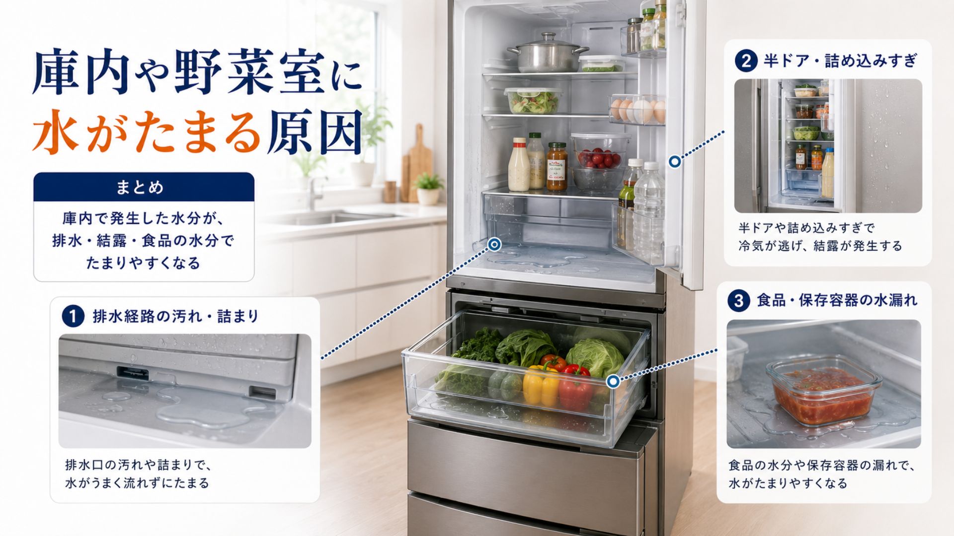 冷蔵庫の庫内や野菜室に水がたまる主な原因