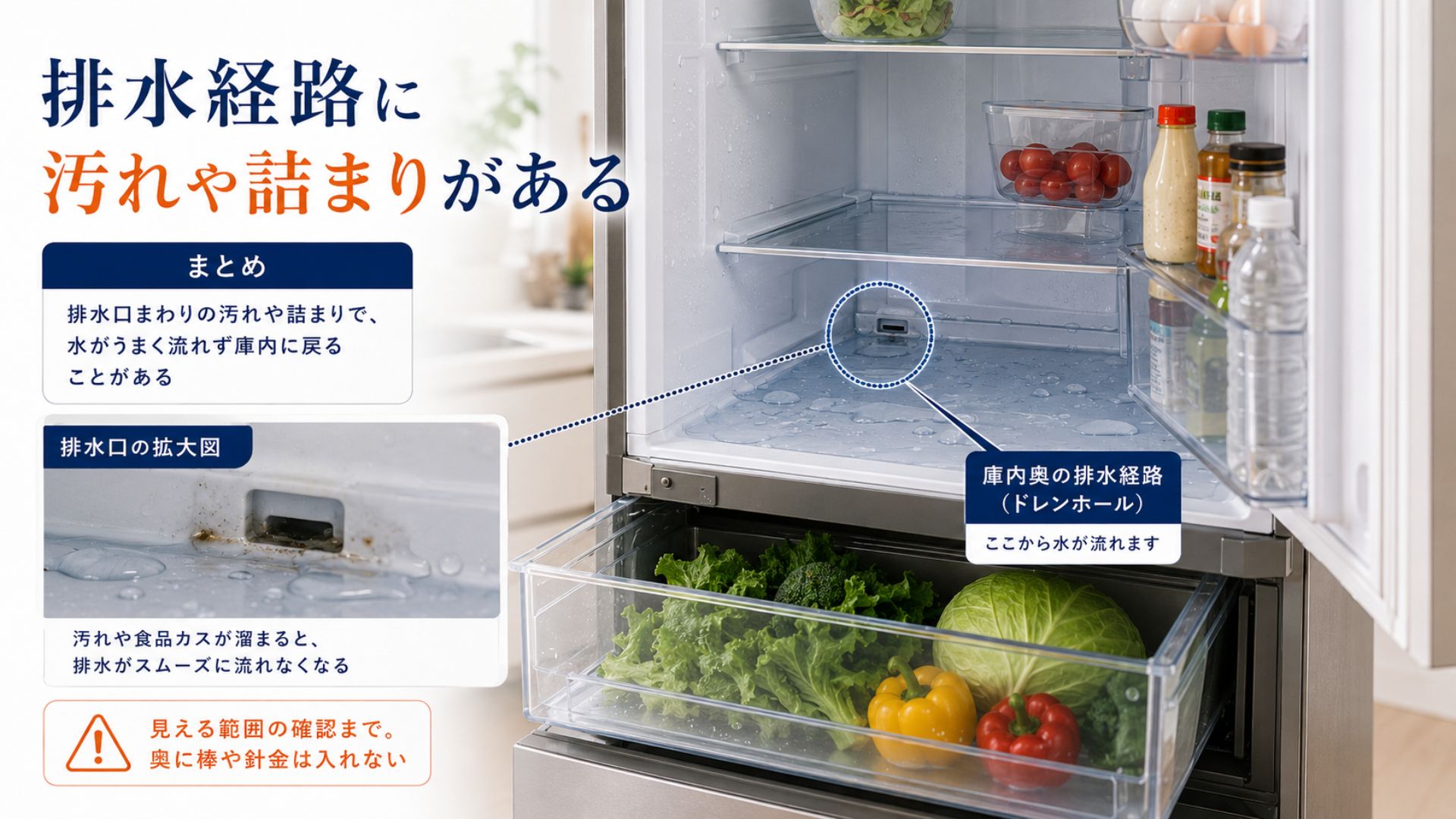 冷蔵庫庫内の排水経路に汚れや詰まりがある状態