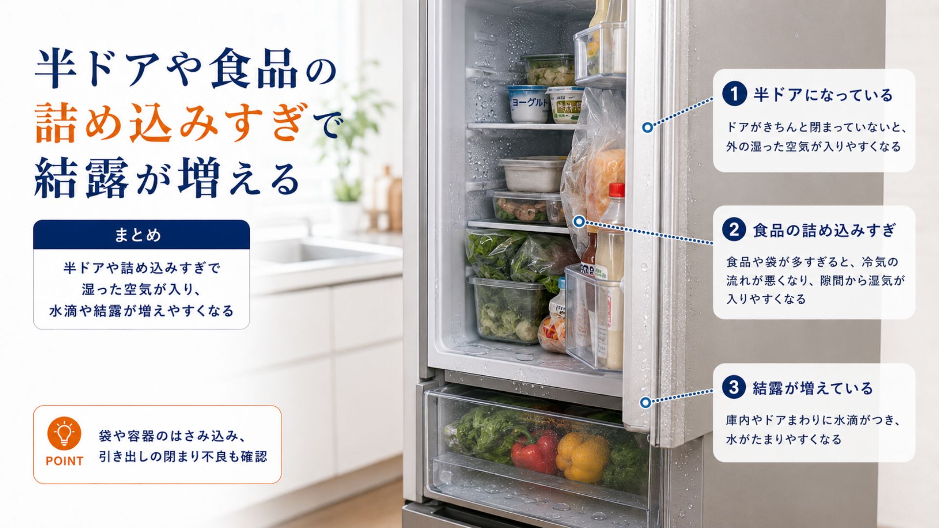冷蔵庫の半ドアや食品の詰め込みすぎで結露が増える状態
