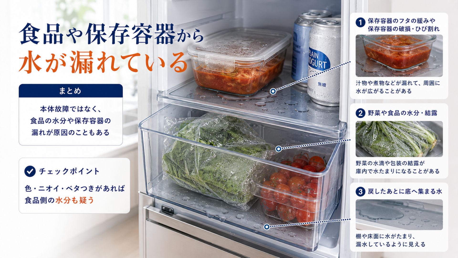 冷蔵庫内の食品や保存容器から水が漏れている状態