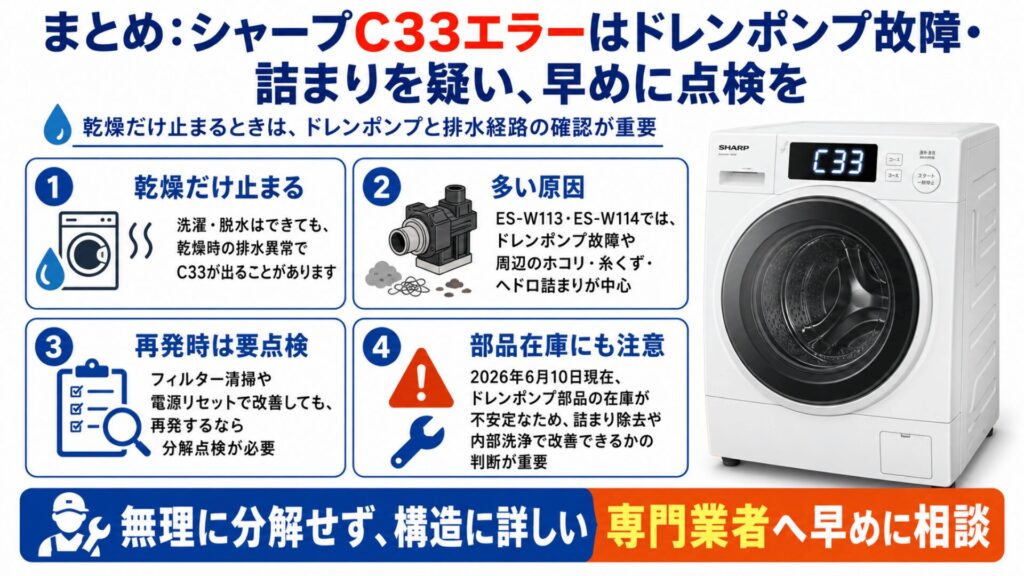 まとめ：シャープC33エラーはドレンポンプ故障・詰まりを疑い、早めに点検を