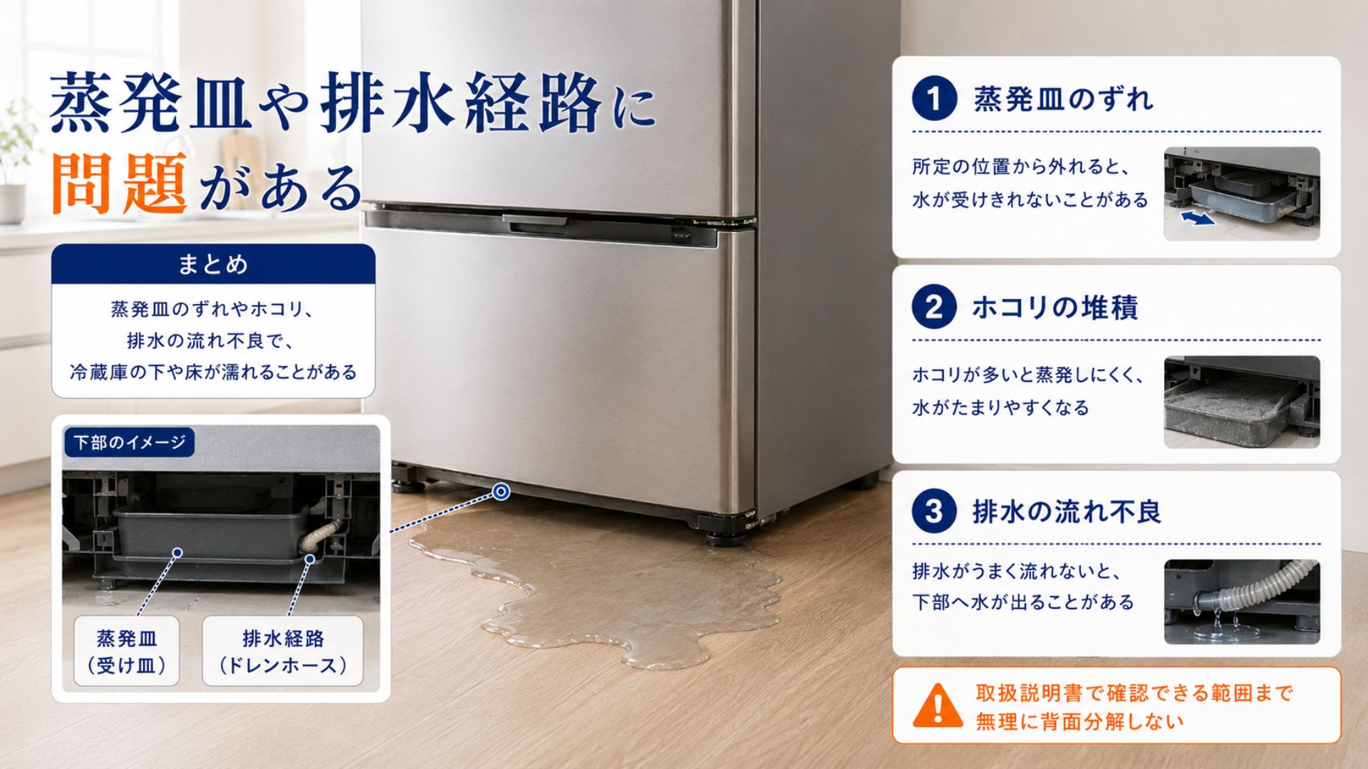 冷蔵庫下部の蒸発皿や排水経路に問題がある状態