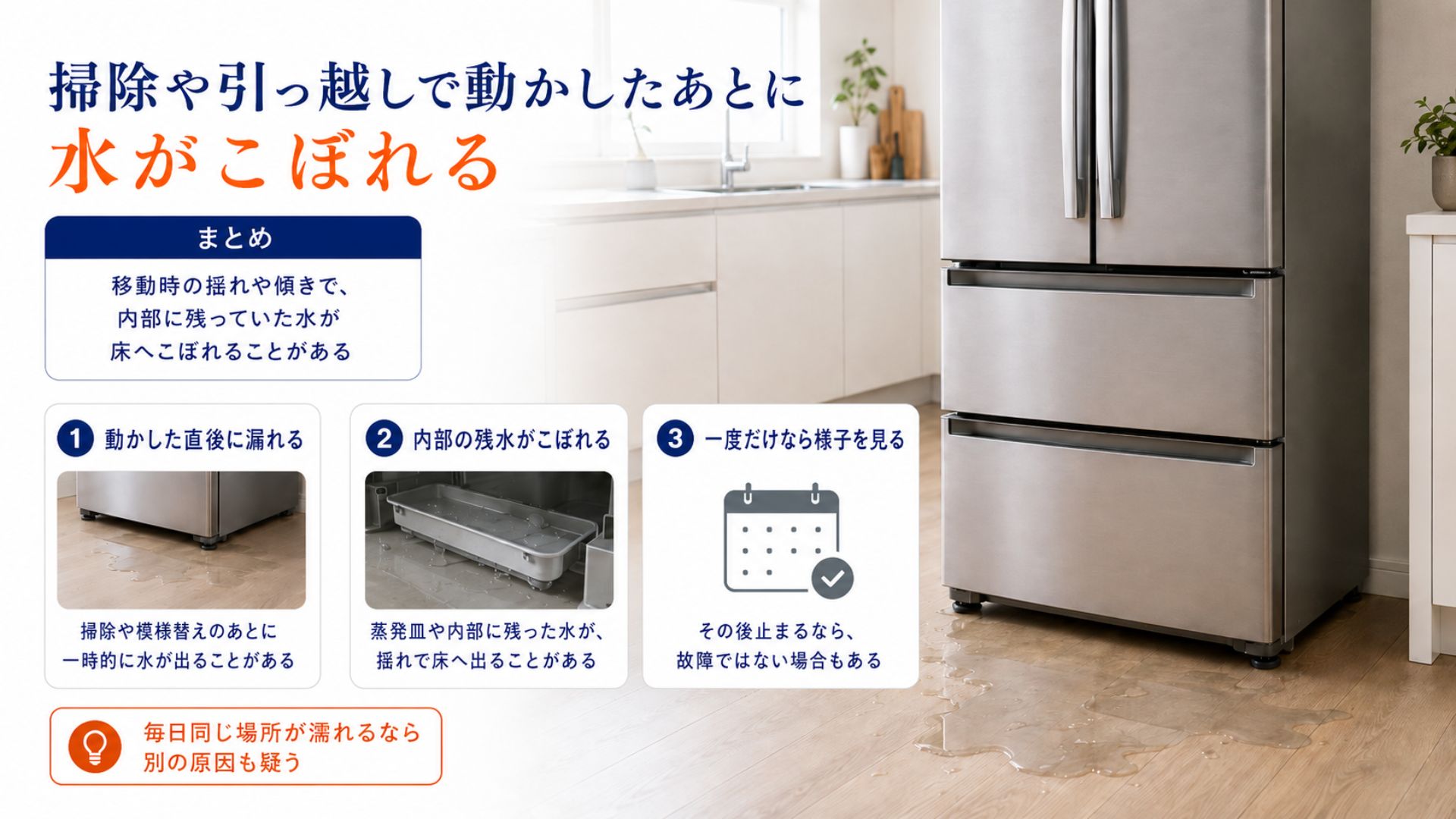 冷蔵庫を掃除や引っ越しで動かしたあとに水がこぼれる原因