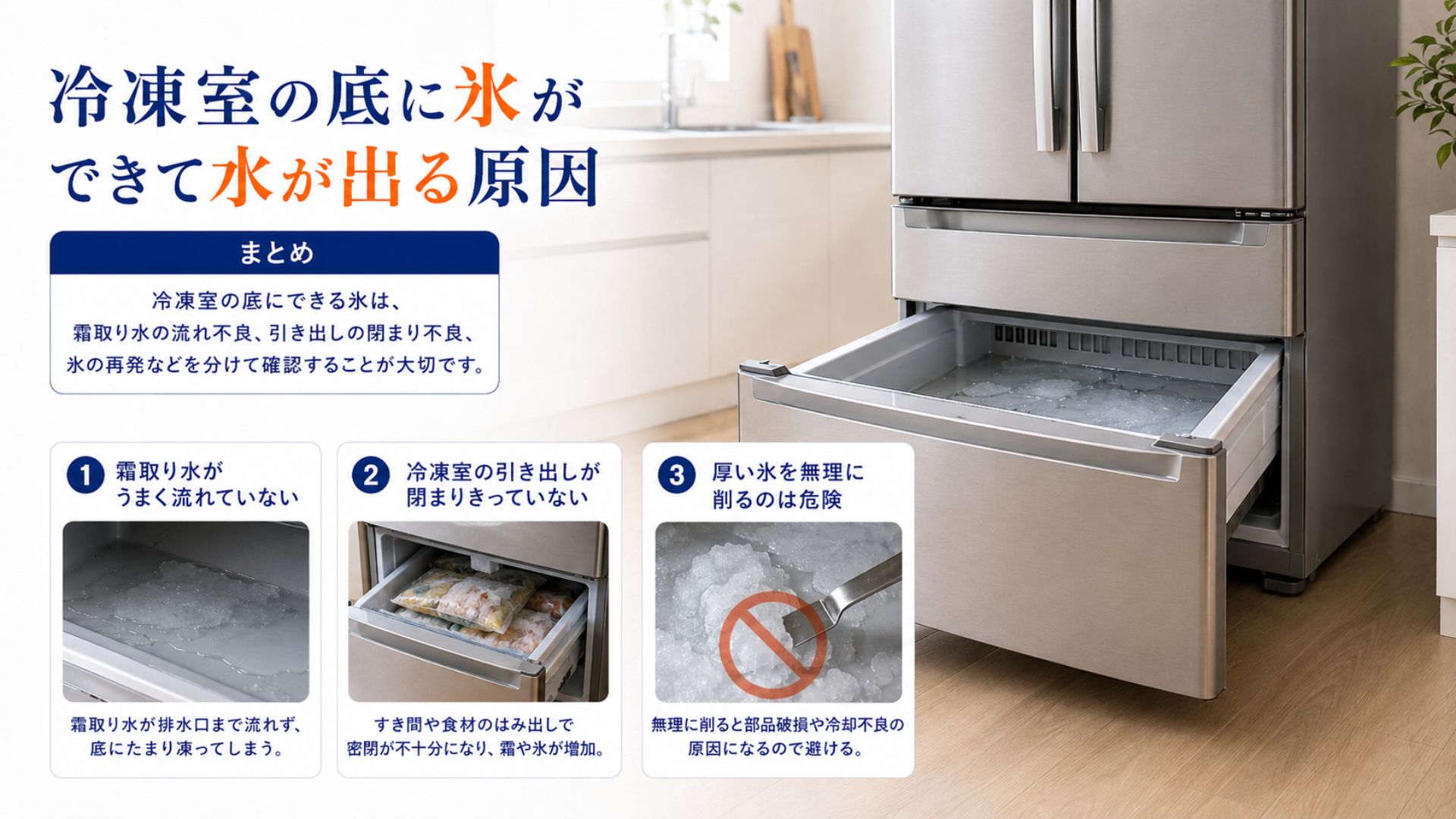 冷凍室の底に氷ができて水が出る主な原因