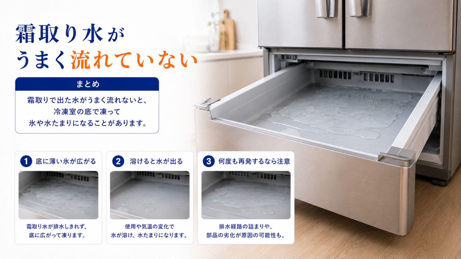 冷凍室の霜取り水がうまく流れず底に氷ができる状態