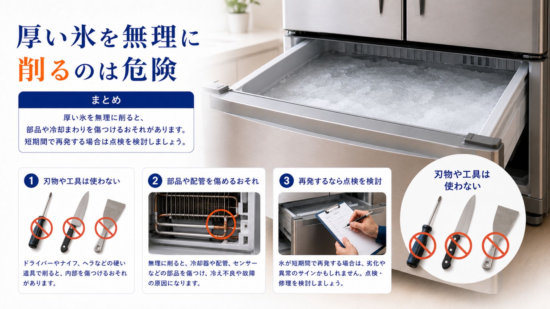 冷凍室の厚い氷を刃物や工具で無理に削る危険性