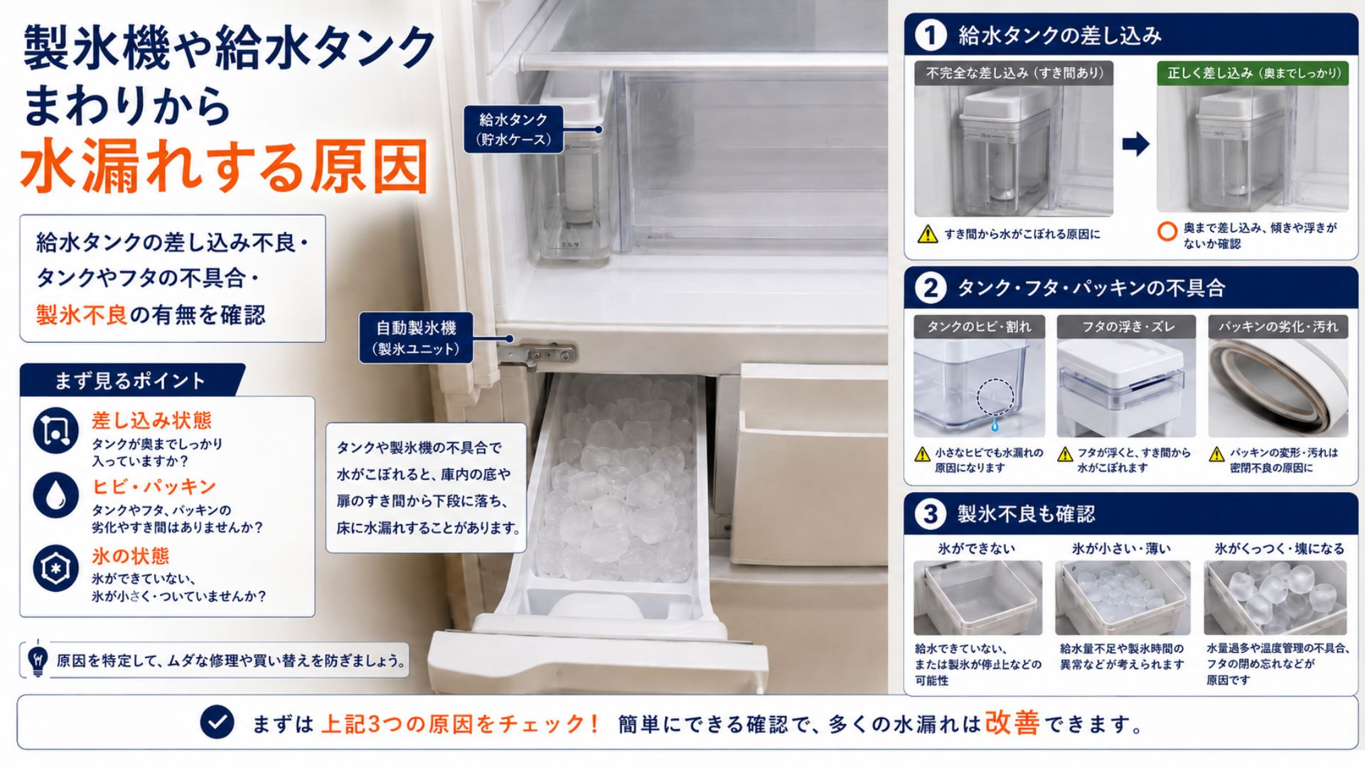 製氷機や給水タンクまわりから水漏れする原因