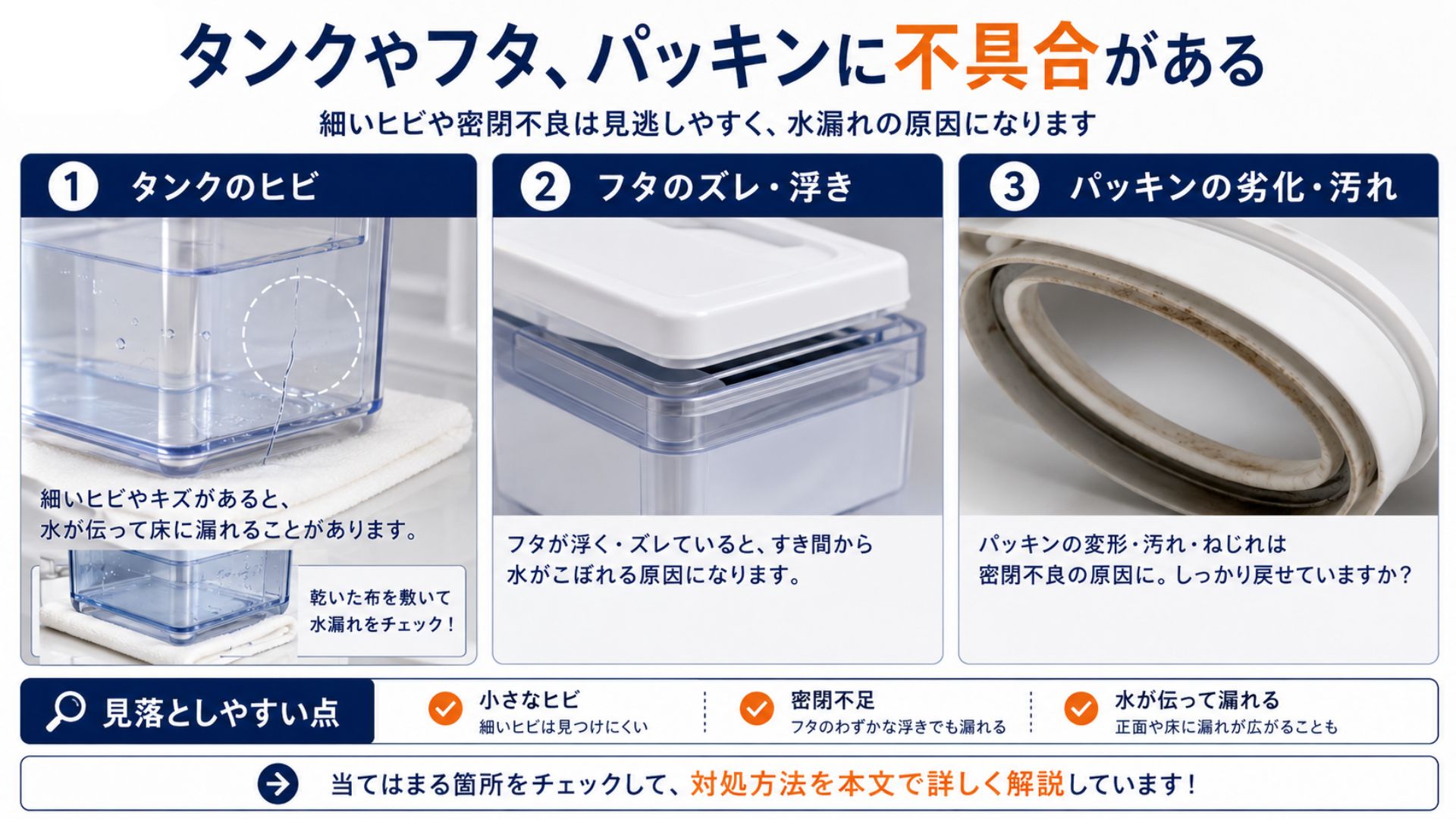 給水タンクやフタやパッキンに不具合がある状態