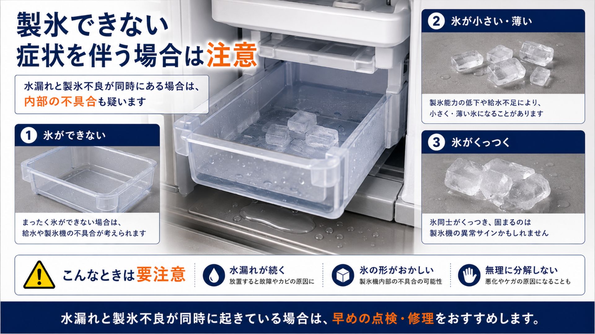 水漏れと製氷できない症状が同時に起きている状態