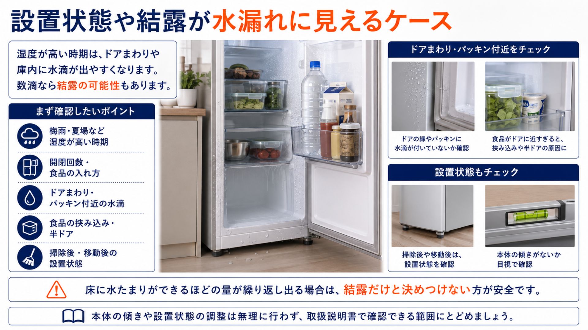 冷蔵庫の設置状態や結露が水漏れに見えるケース