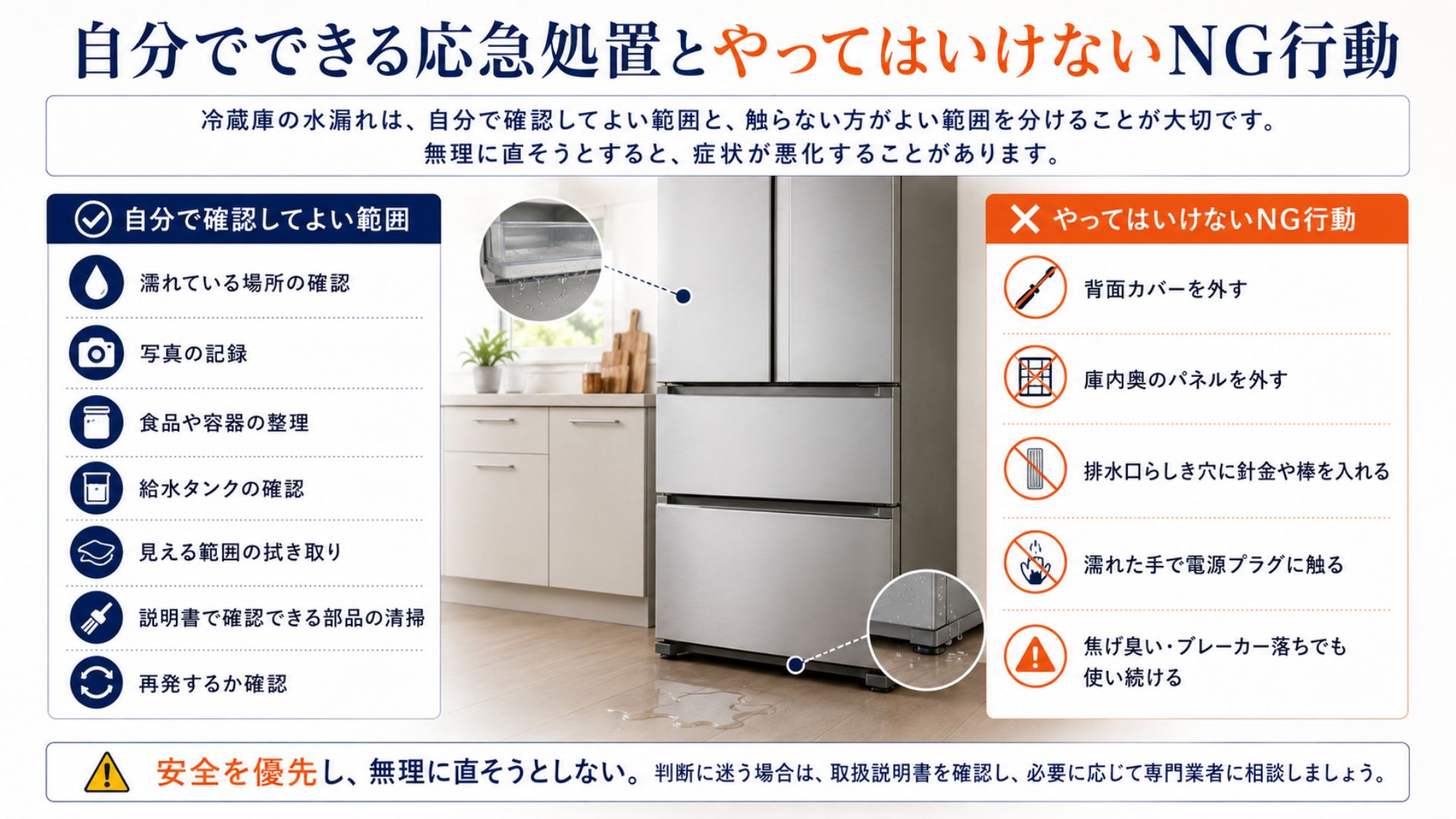 冷蔵庫の水漏れで自分でできる応急処置とやってはいけないNG行動