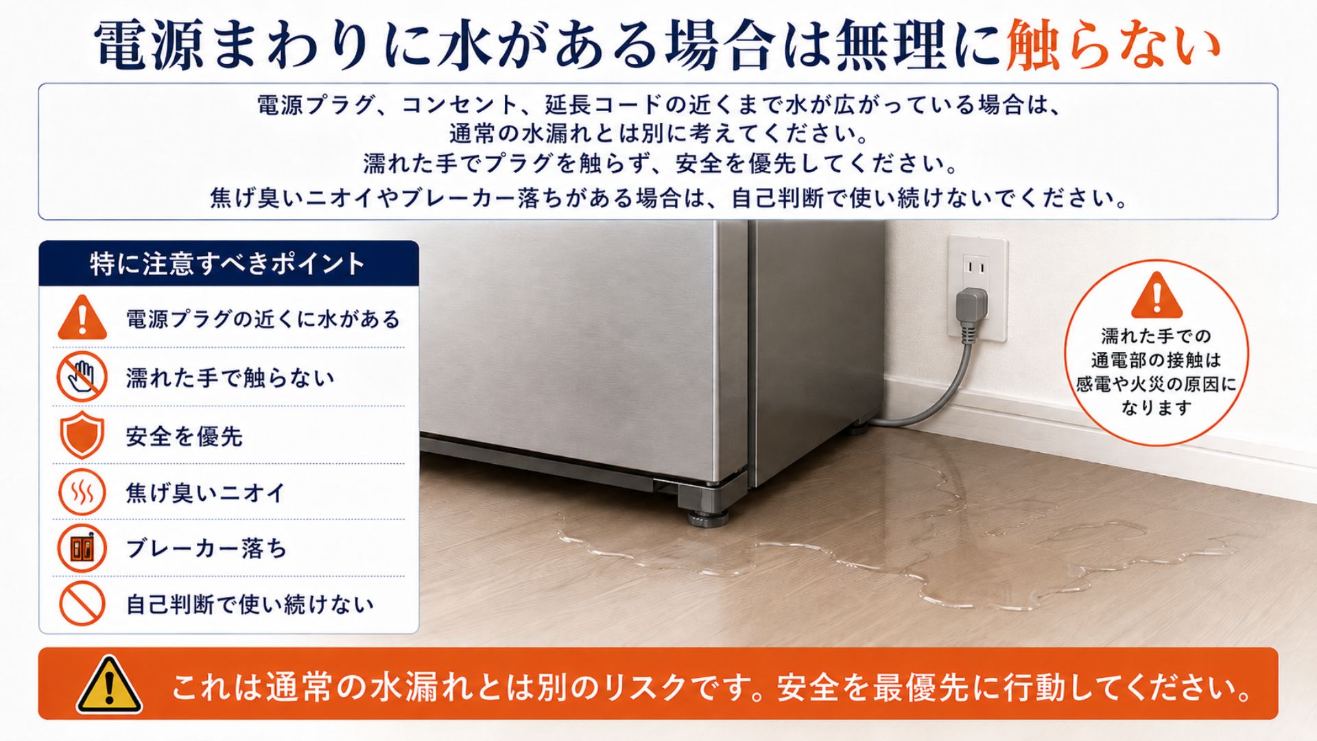 冷蔵庫の電源まわりに水がある場合の注意点