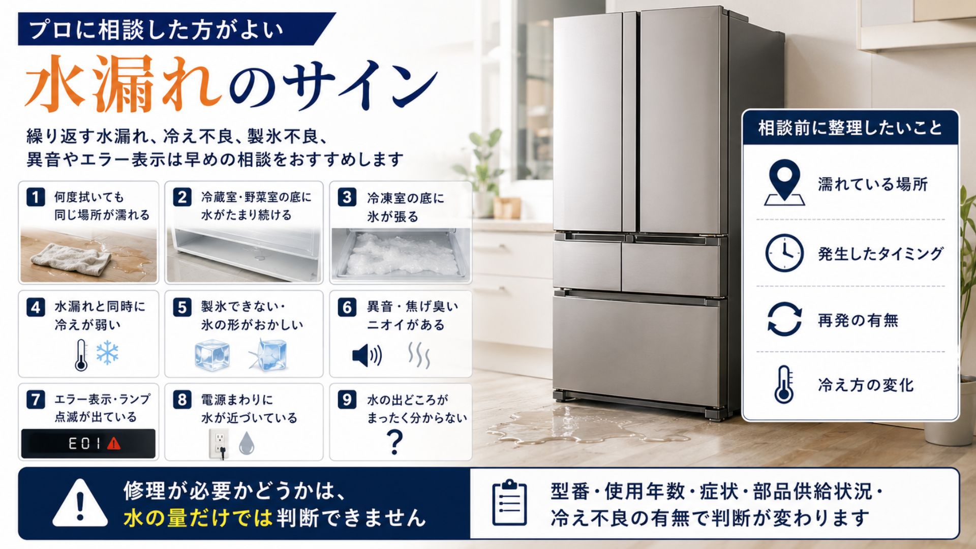 冷蔵庫の水漏れでプロに相談した方がよいサイン