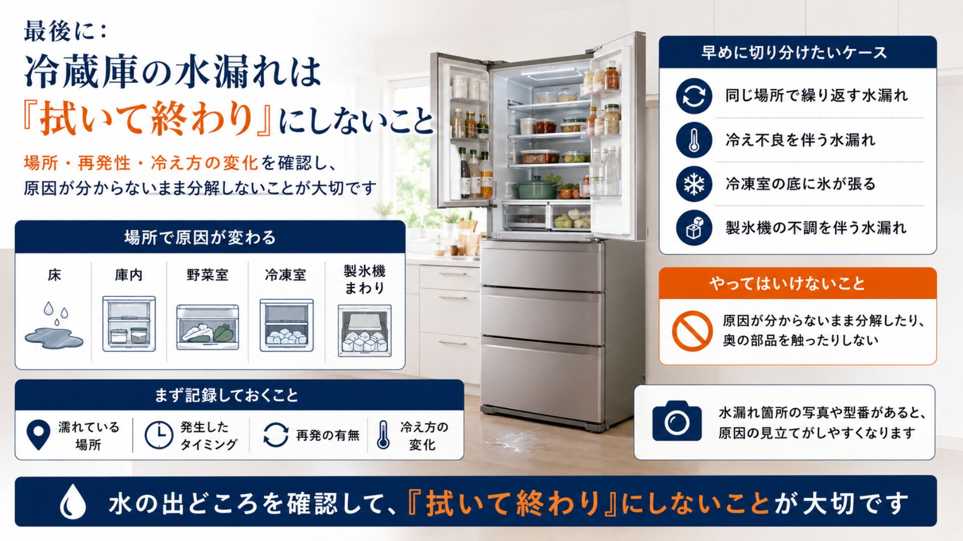 冷蔵庫の水漏れを拭いて終わりにせず原因を確認する重要性