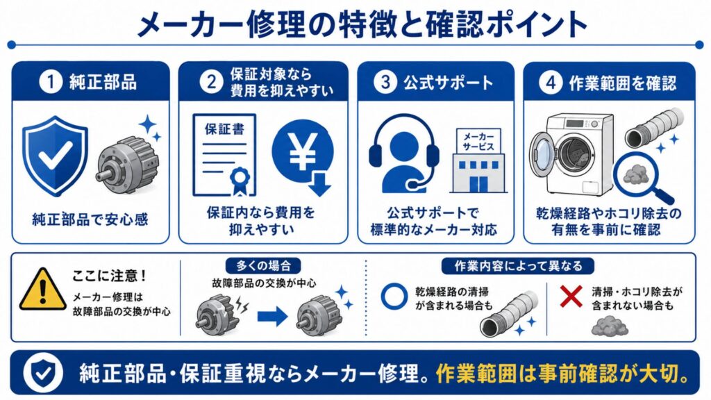 メーカー修理のメリットと注意点のイメージ