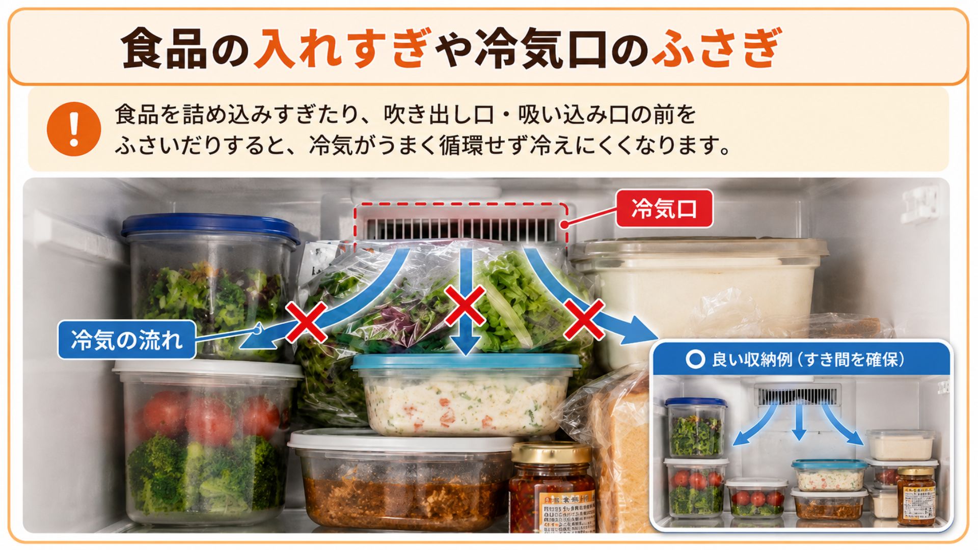 冷蔵庫の食品の入れすぎや冷気口のふさぎで冷えにくくなる状態