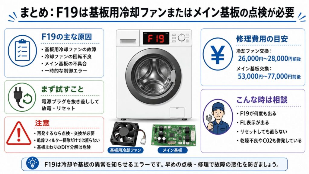まとめ：F19は基板用冷却ファンまたはメイン基板の点検が必要
