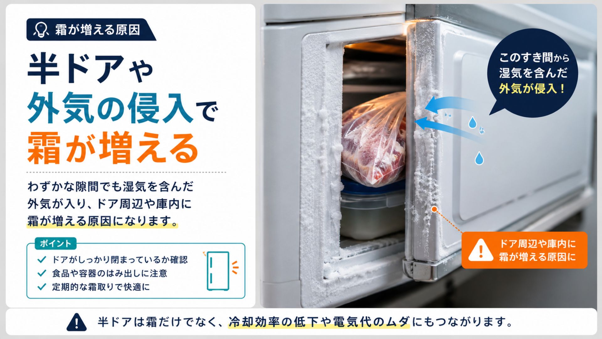 冷蔵庫の半ドアや外気の侵入で霜が増える原因