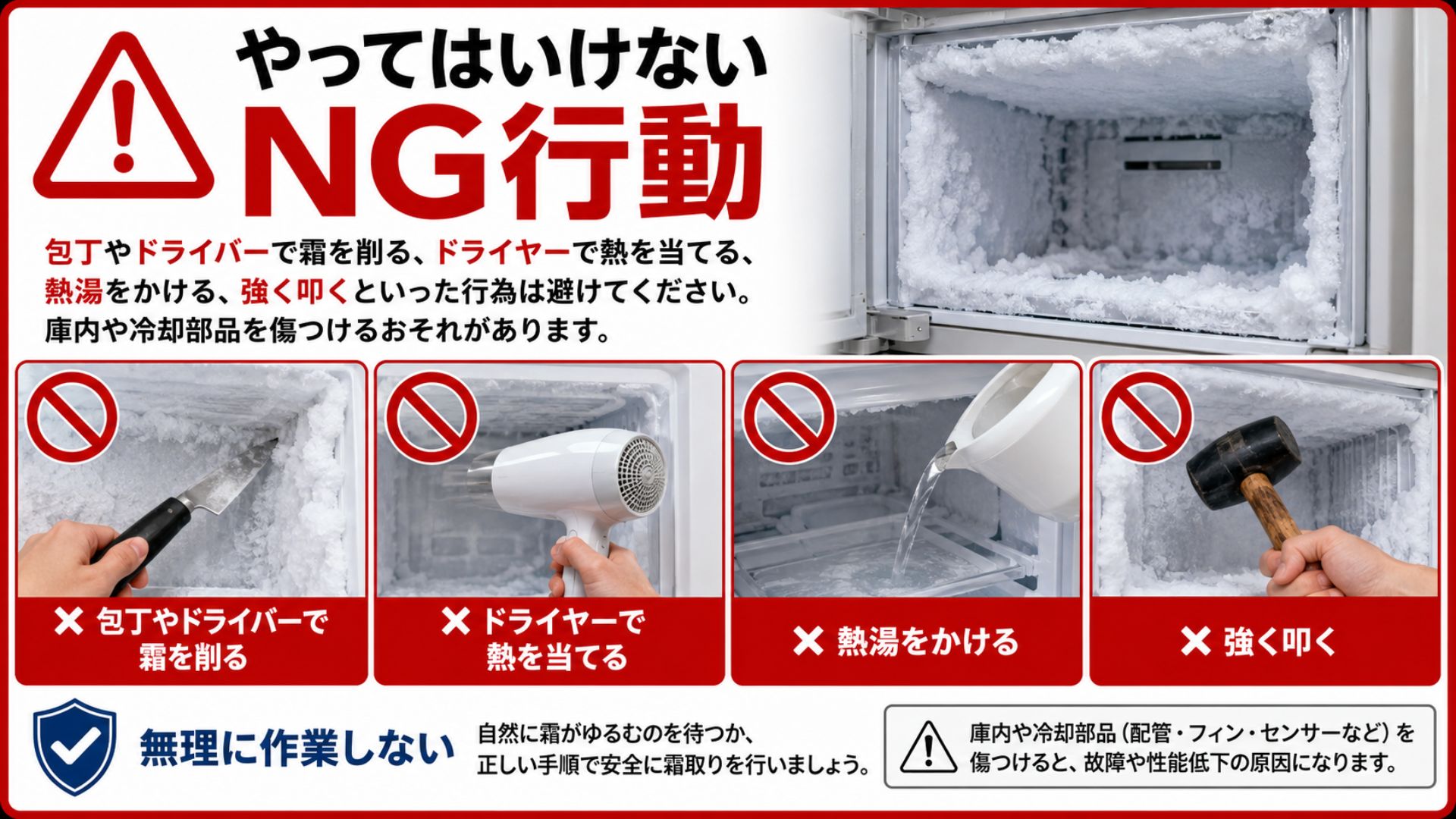 冷蔵庫の霜を包丁やドライヤーで取る危険なNG行動