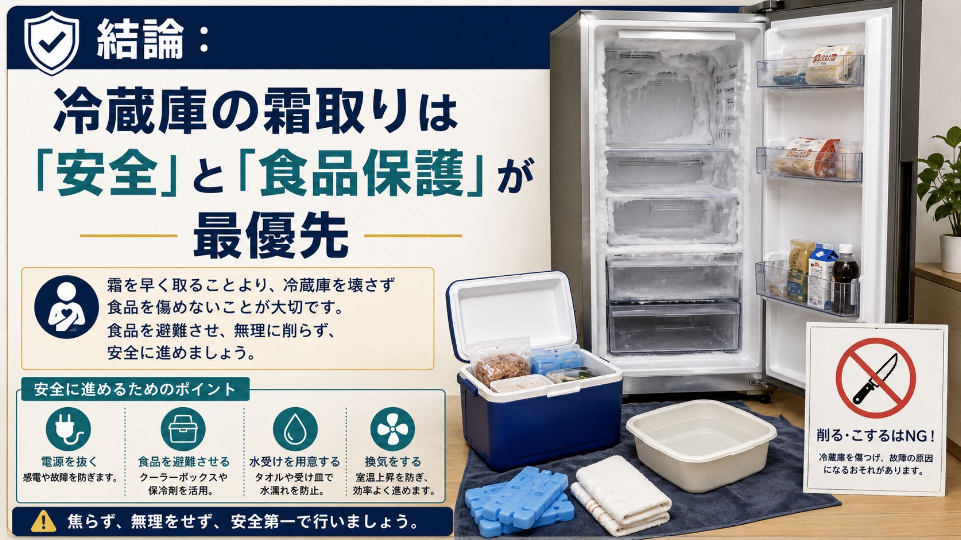 冷蔵庫の霜取りは安全と食品保護が最優先