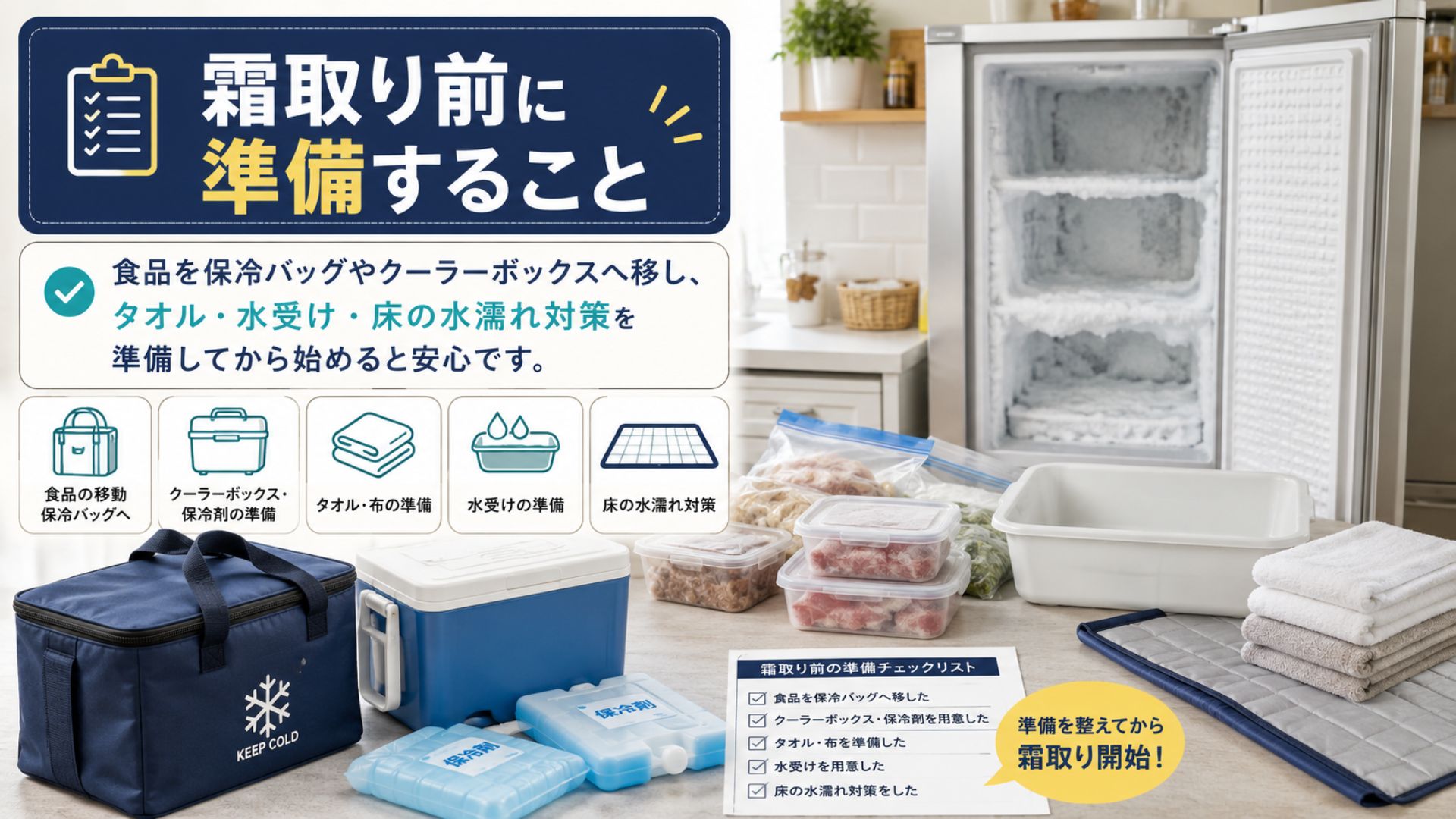 冷蔵庫の霜取り前に準備する食品・タオル・水受け