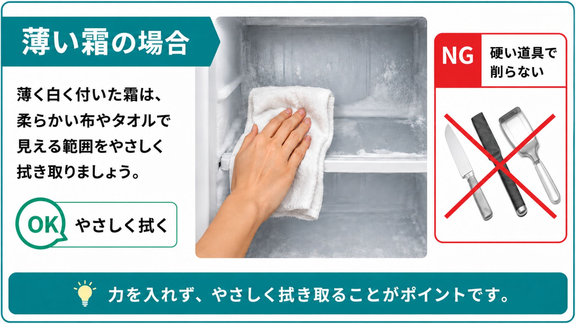 冷蔵庫の薄い霜をやさしく拭き取る方法