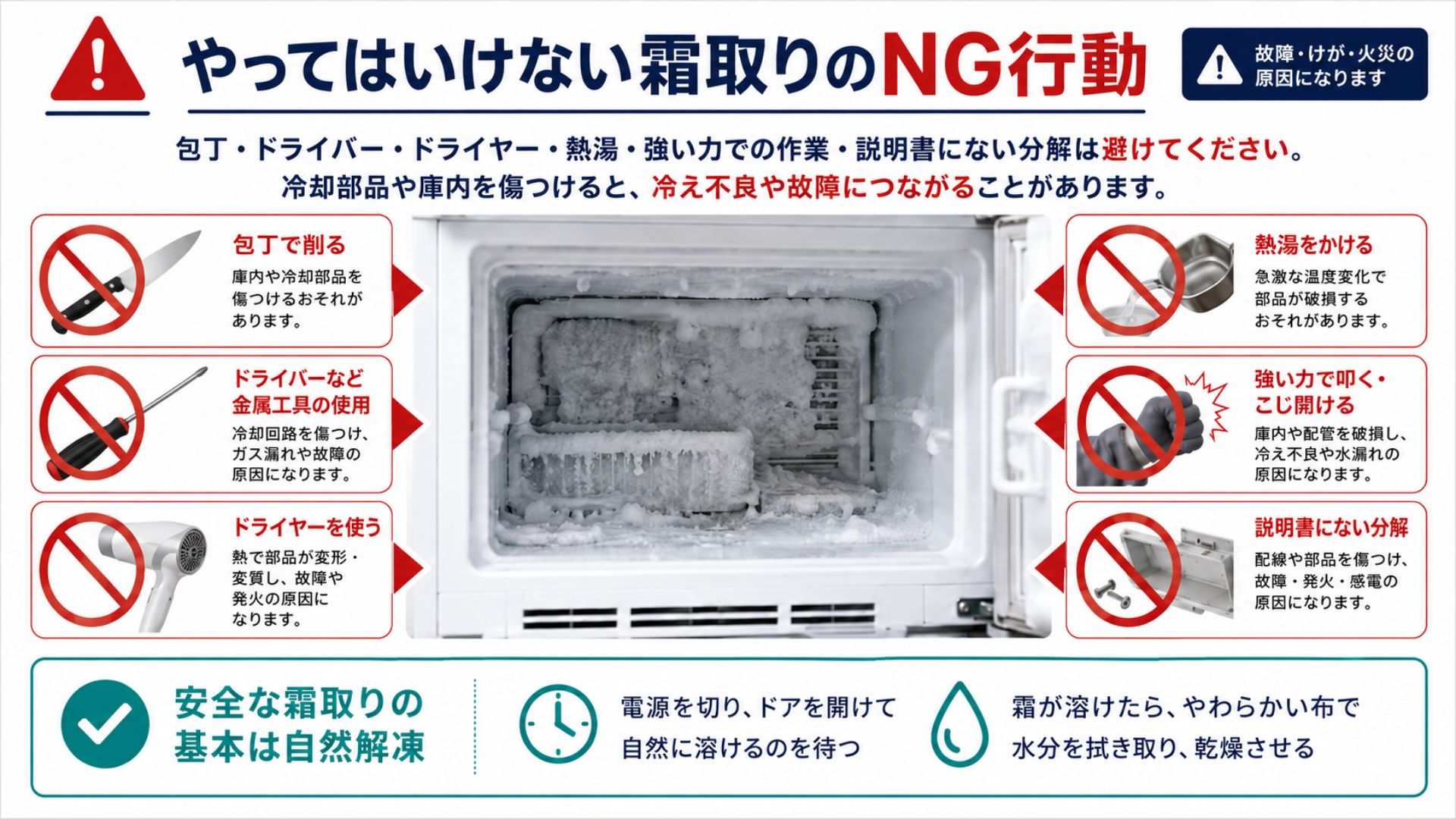 冷蔵庫の霜取りでやってはいけない包丁・ドライヤー・熱湯のNG行動