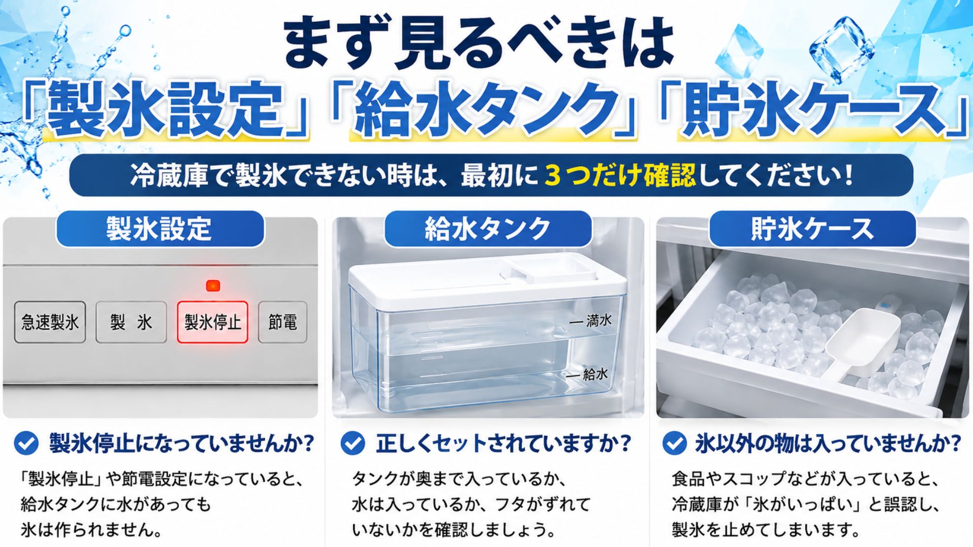 冷蔵庫で製氷できない時にまず確認する製氷設定・給水タンク・貯氷ケース
