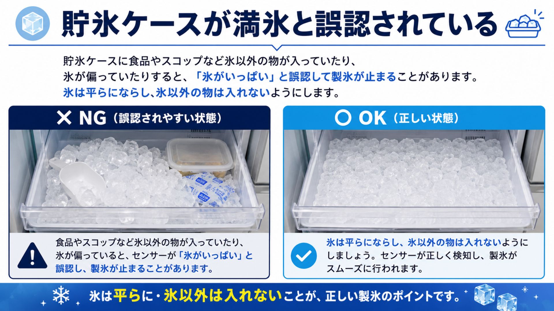 貯氷ケースが満氷と誤認されて製氷が止まる原因