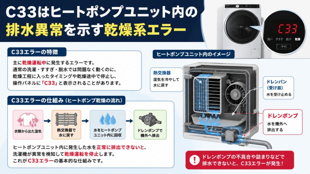 C33はヒートポンプユニット内の排水異常を示す乾燥系エラー