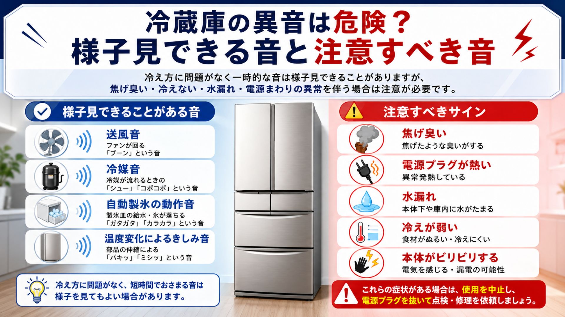冷蔵庫の異音で様子見できる音と注意すべき音