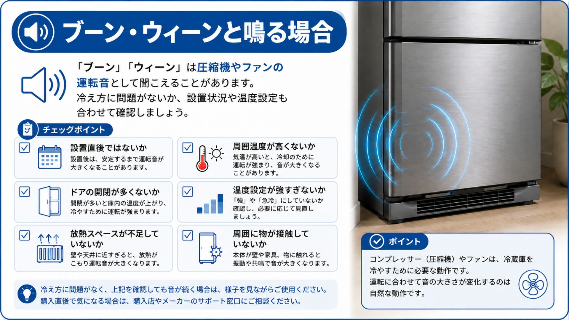 冷蔵庫がブーン・ウィーンと鳴る場合の異音原因