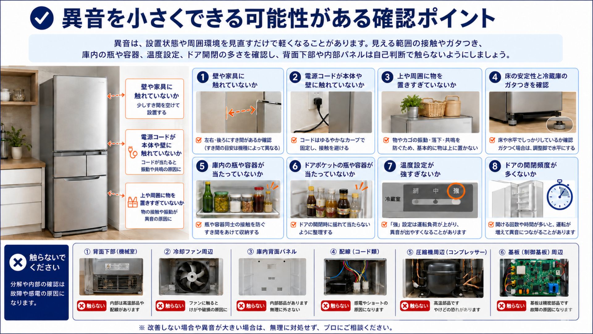 冷蔵庫の異音を小さくできる可能性がある確認ポイント
