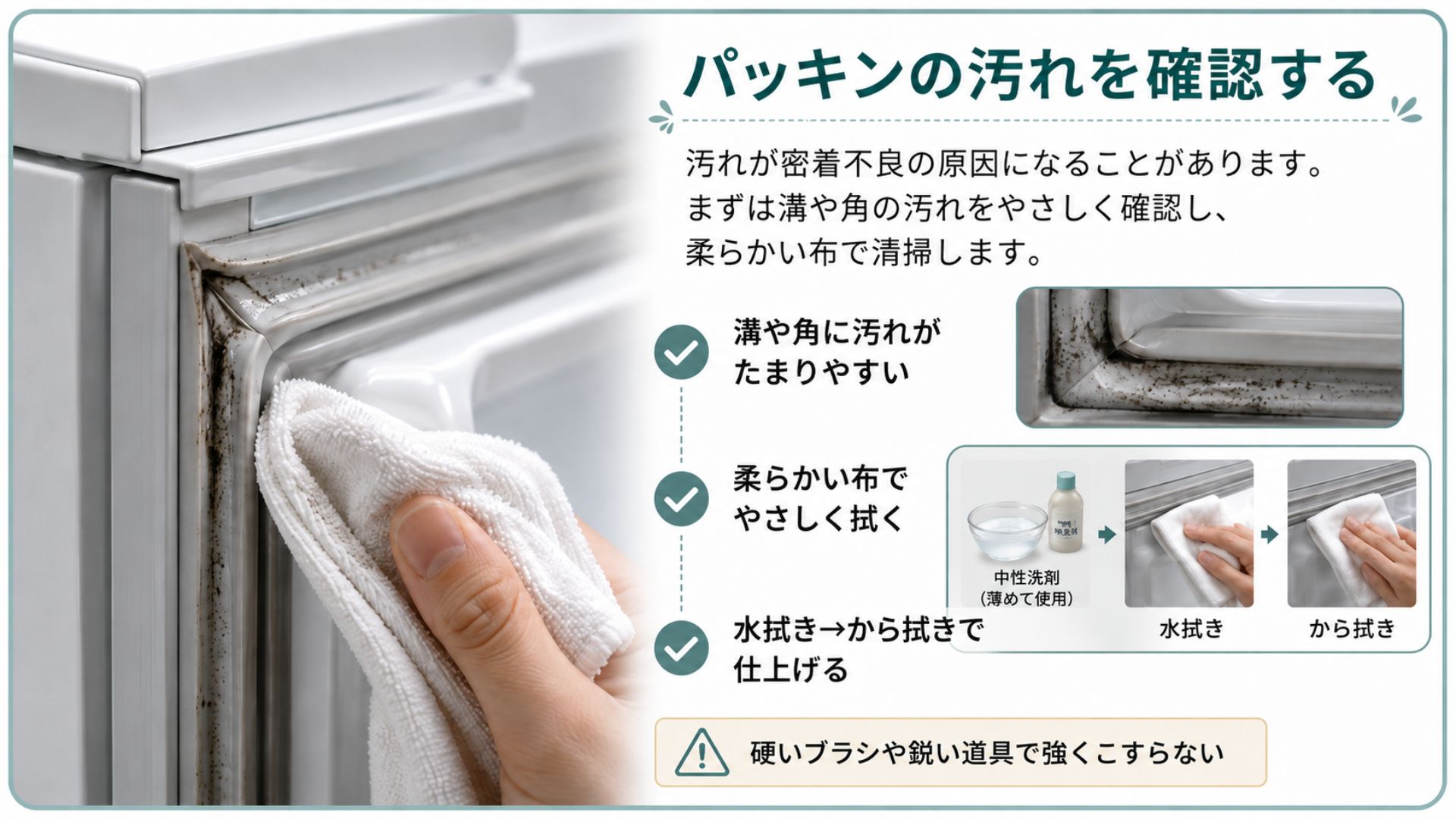 冷蔵庫のパッキンの汚れを確認する