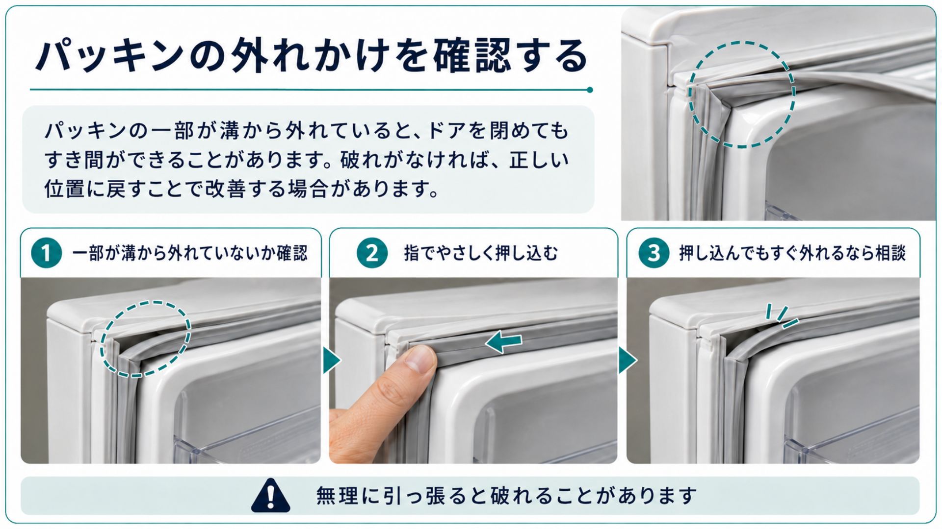 冷蔵庫のパッキンの外れかけを確認する