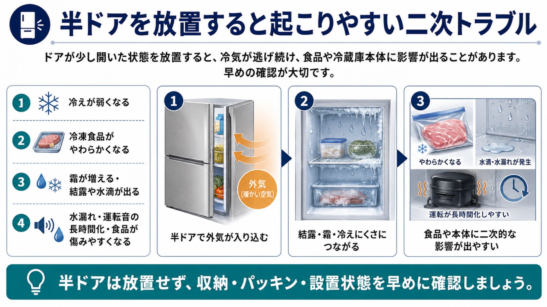 冷蔵庫の半ドアを放置すると起こりやすい二次トラブル