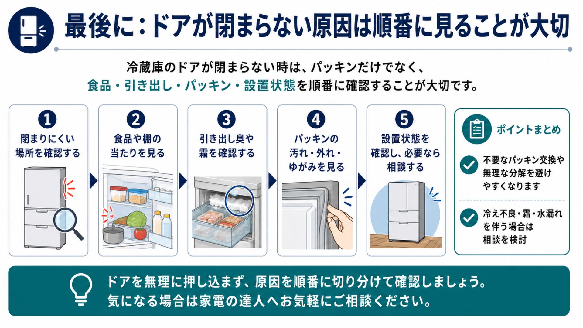 冷蔵庫のドアが閉まらない原因は順番に見ることが大切