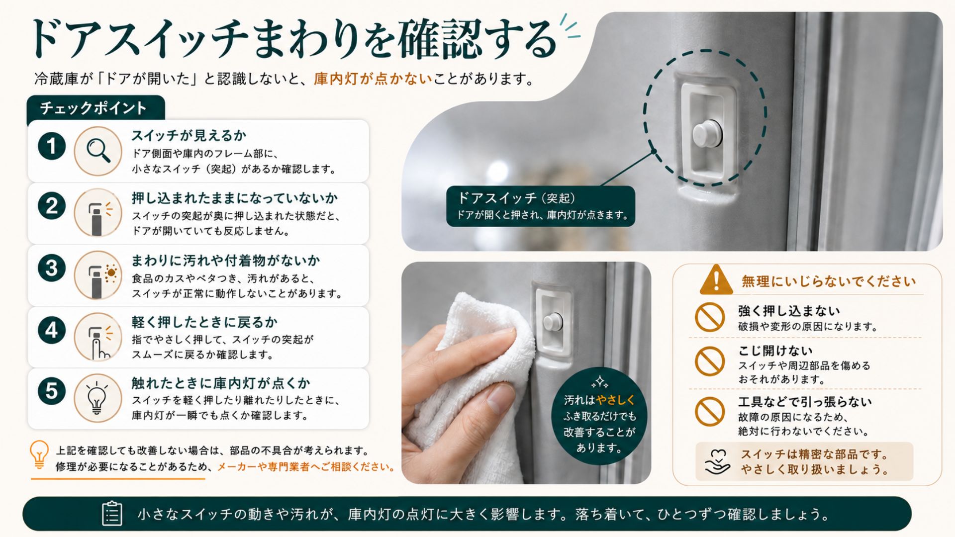 冷蔵庫の庫内灯がつかない時はドアスイッチまわりを確認する