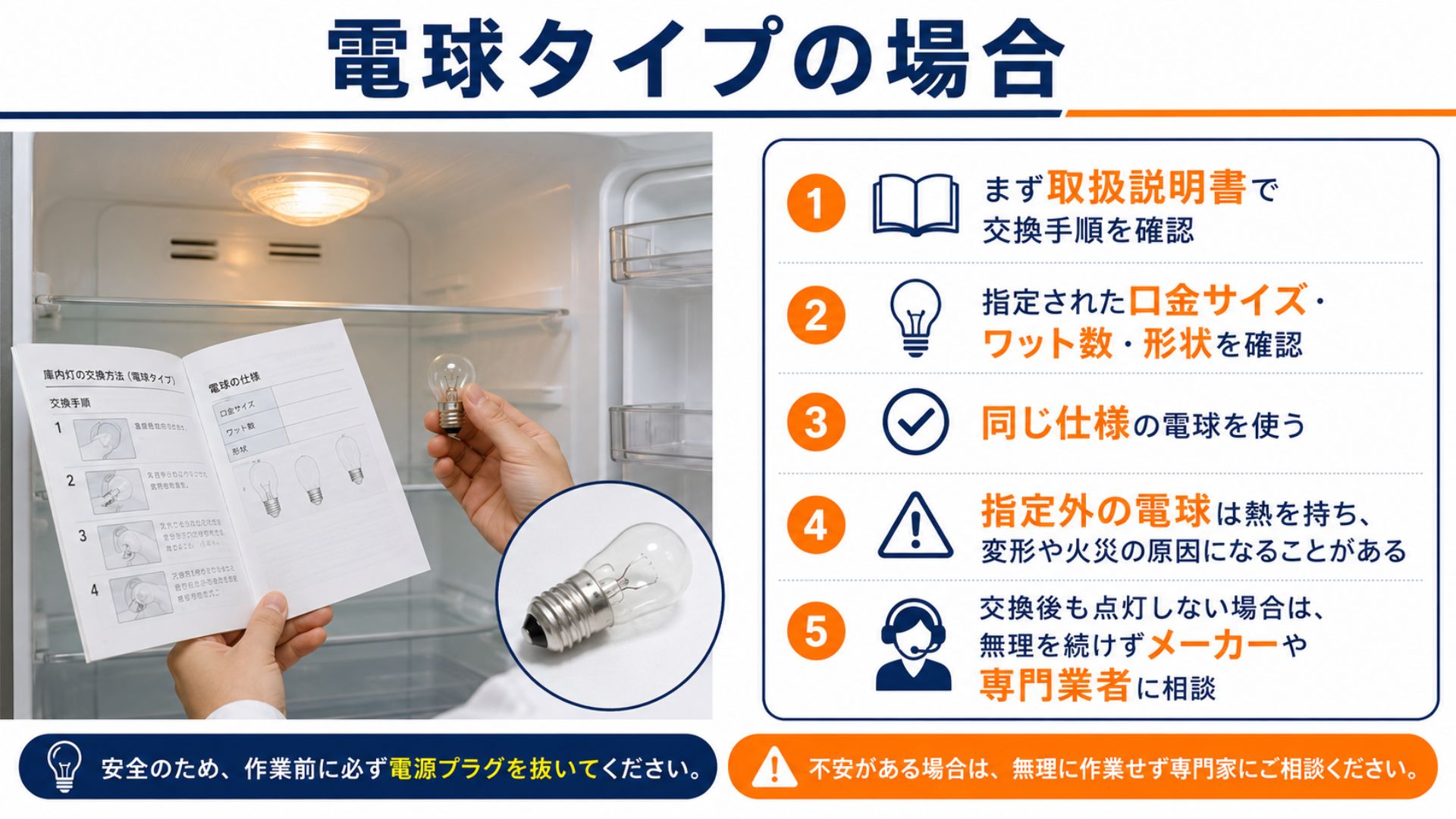 冷蔵庫の庫内灯が電球タイプの場合の確認
