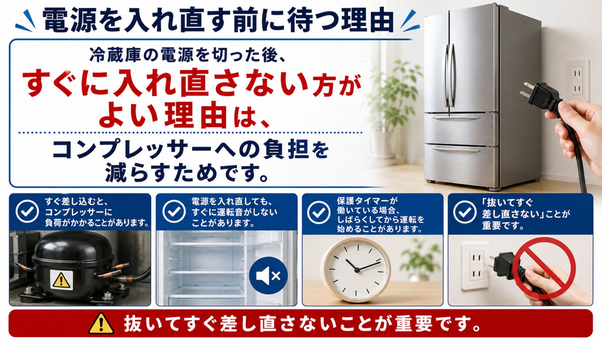 冷蔵庫の電源を入れ直す前に待つ理由