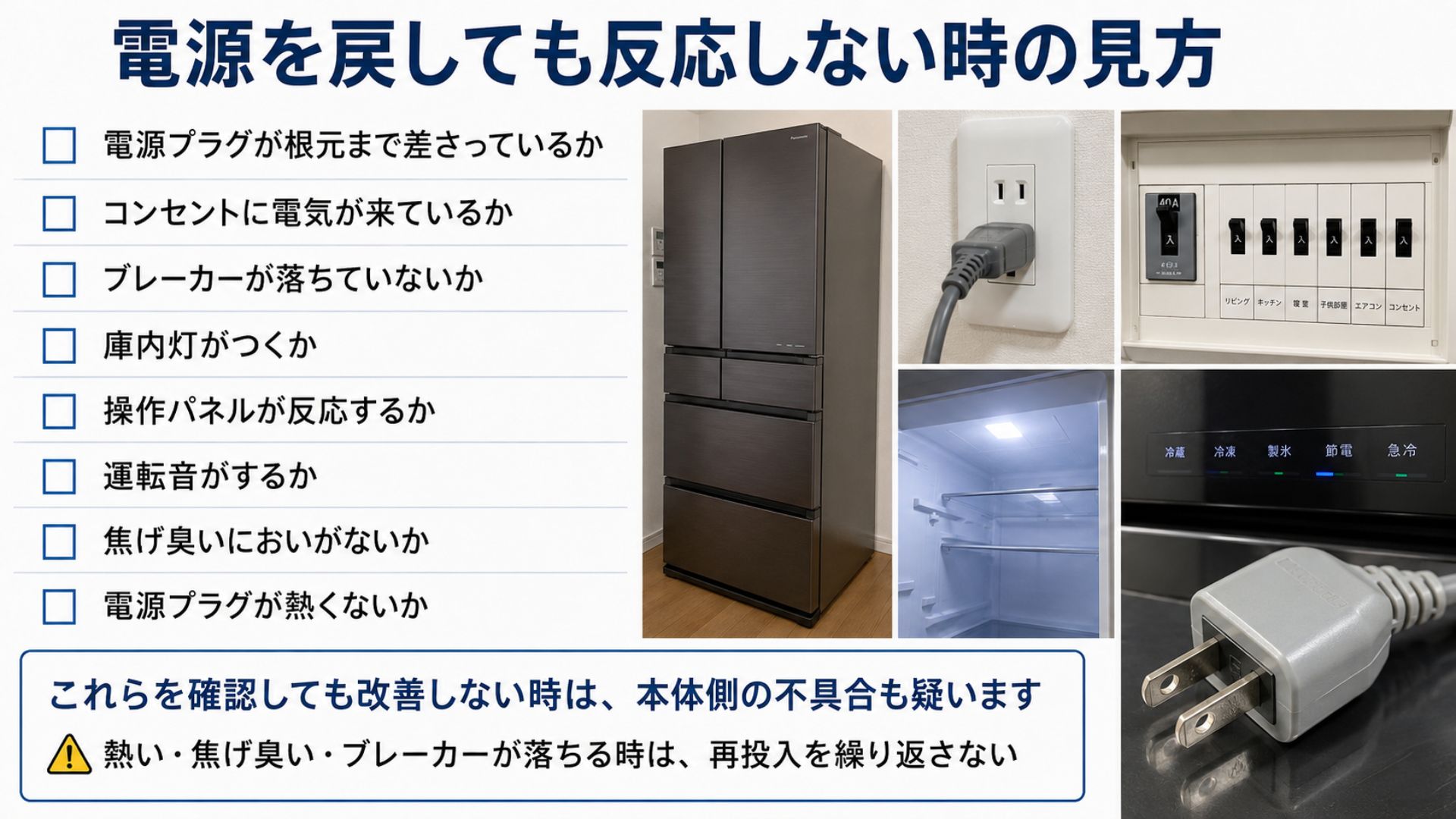 冷蔵庫の電源を戻しても反応しない時の見方